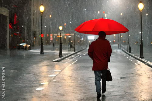 Murais de parede Man walk on quiet street with a red umbrella, silent and raining night, AI gener
