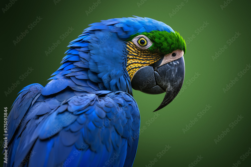 Blue macaw parrot portrait. Beautiful wild ara parrot face. Green forest blurred background. Tropical jungle amazonica Brazilian birds. Zoo banner