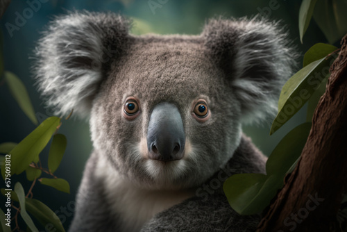 Australian koala bear portrait on green eucalyptus tree. Close up koala cute face