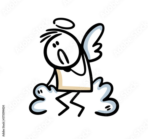 Sad angel sitting on the heaven cloud looking down on the earth and thinking of people sins.