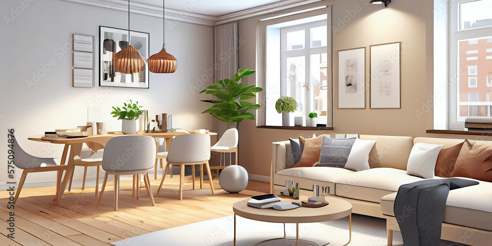 Stylish scandinavian living room with design mint sofa, furnitures, mock up poster map, plants and elegant personal accessories. Modern home decor. Bright and sunny room. Generative AI illustration. Stylish scandinavian living room with design mint sofa, furnitures, mock up poster map, plants and elegant personal accessories. Modern home decor. Bright and sunny room. Generative AI illustration.