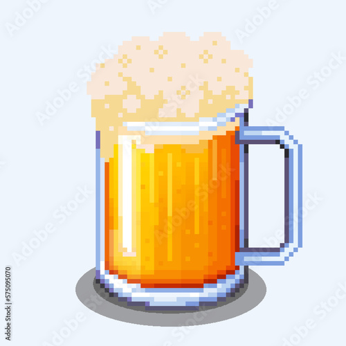 Pixel art beer mug drink icon with foam in glass separated on white background 8 bit goblet gold color yellow. Bar object stock vector image © Karolina