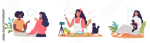 Young woman lifestyle vector illustration set
