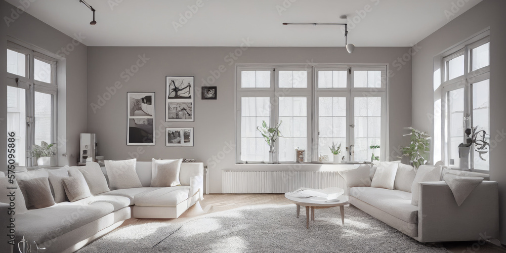 Fototapeta premium Stylish scandinavian living room with design mint sofa, furnitures, mock up poster map, plants and elegant personal accessories. Modern home decor. Bright and sunny room. Generative AI illustration.