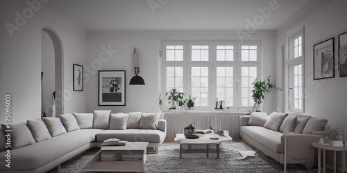 Stylish scandinavian living room with design mint sofa  furnitures  mock up poster map  plants and elegant personal accessories. Modern home decor. Bright and sunny room. Generative AI illustration.