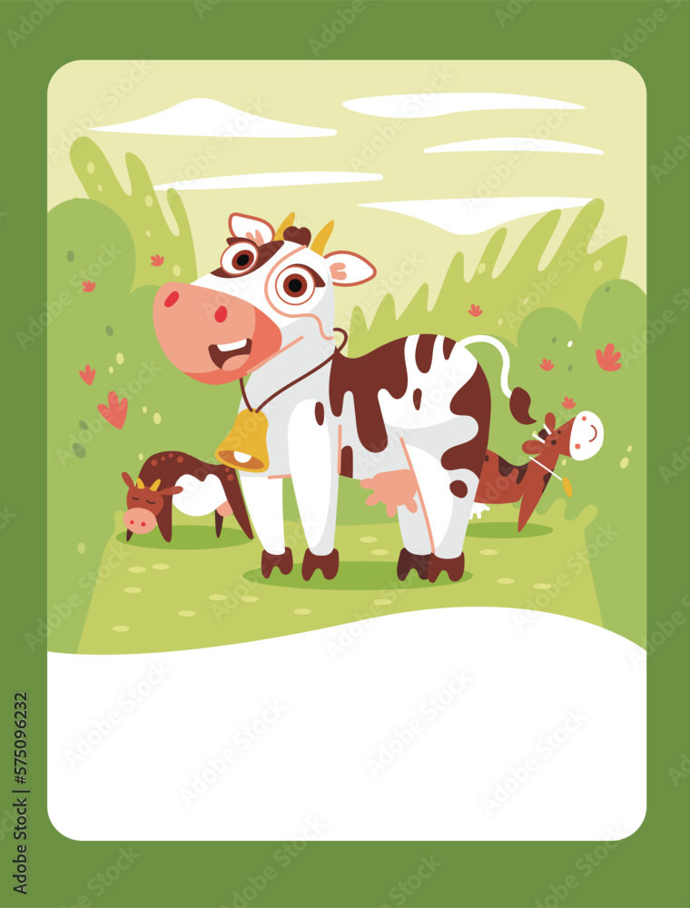 Vector illustration of a calf in cartoon style in a field. It can be used as a playing card, learning material for kids. Vector illustration of a calf in cartoon style in a field. It can be used as a playing card, learning material for kids.