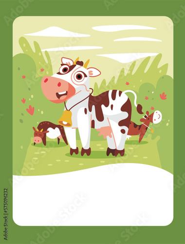 Vector illustration of a calf in cartoon style in a field. It can be used as a playing card  learning material for kids.