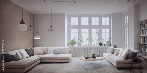 Stylish scandinavian living room with design mint sofa, furnitures, mock up poster map, plants and elegant personal accessories. Modern home decor. Bright and sunny room. Generative AI illustration.