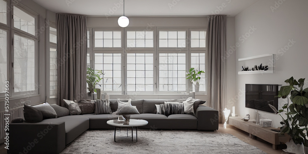 Fototapeta premium Stylish scandinavian living room with design mint sofa, furnitures, mock up poster map, plants and elegant personal accessories. Modern home decor. Bright and sunny room. Generative AI illustration.