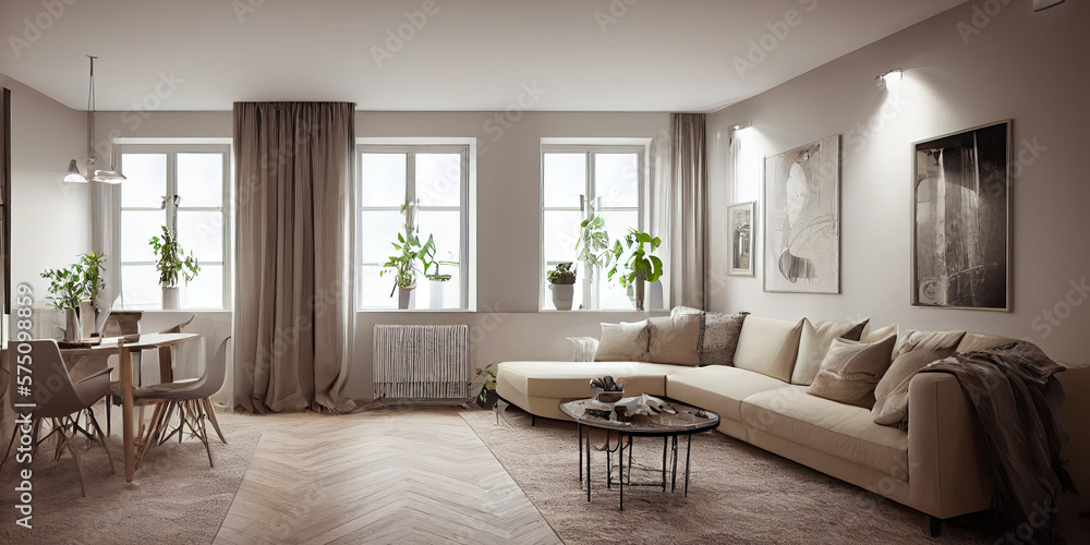 Fototapeta premium Stylish scandinavian living room with design mint sofa, furnitures, mock up poster map, plants and elegant personal accessories. Modern home decor. Bright and sunny room. Generative AI illustration.