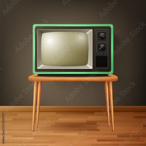 Vector 3d Realistic Retro TV Receiver on Wooden Floor. Home Interior Design Concept. Vintage TV Set, Television, Front View