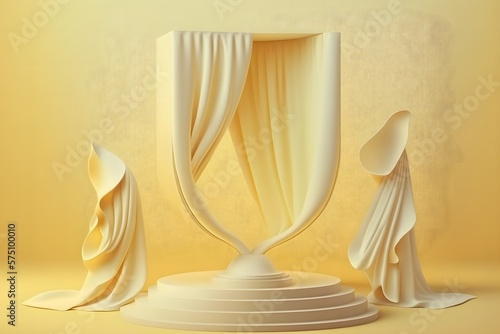 Pastel yellow color podium  pedestal  stage  or dias for product display  exhibition  or photography in a modern and elegant studio settings with drapes  and curtains backdrop