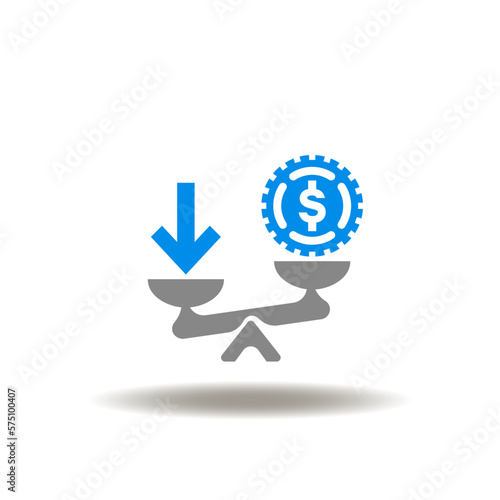 Vector illustration of seesaw with coin and arrow down.  Icon of leverage. Symbol of business, finance lever management.