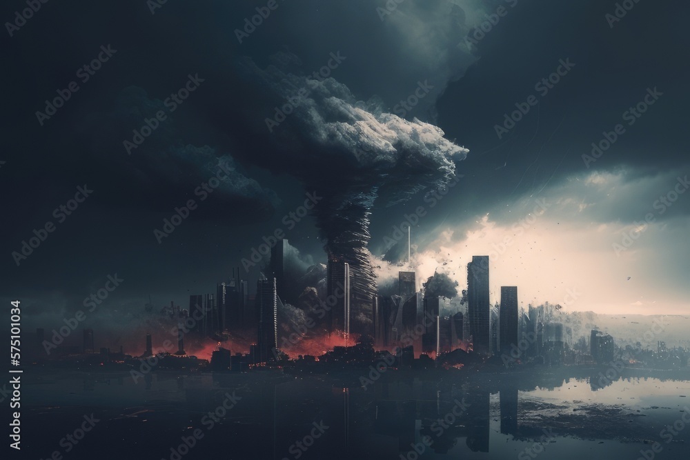 Dark, billowing clouds of smoke and debris, covering a city skyline after a destructive tornado, concept, AI generation.