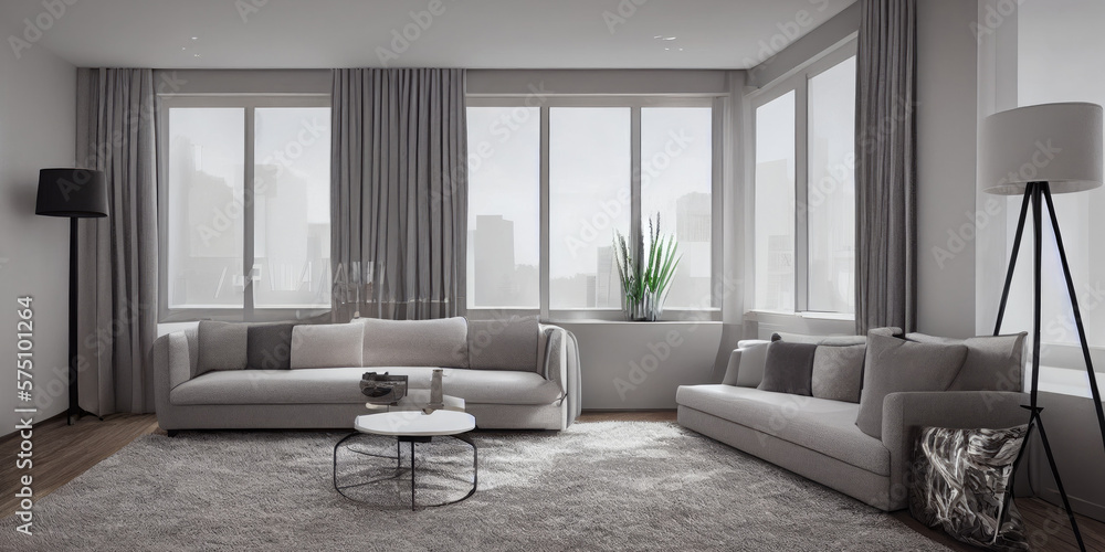 Fototapeta premium Stylish scandinavian living room with design mint sofa, furnitures, mock up poster map, plants and elegant personal accessories. Modern home decor. Bright and sunny room. Generative AI illustration.