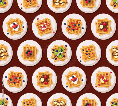 Seamless pattern waffles with fruits and berries