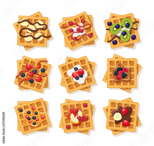 Set of waffles with fruits isolated on white background