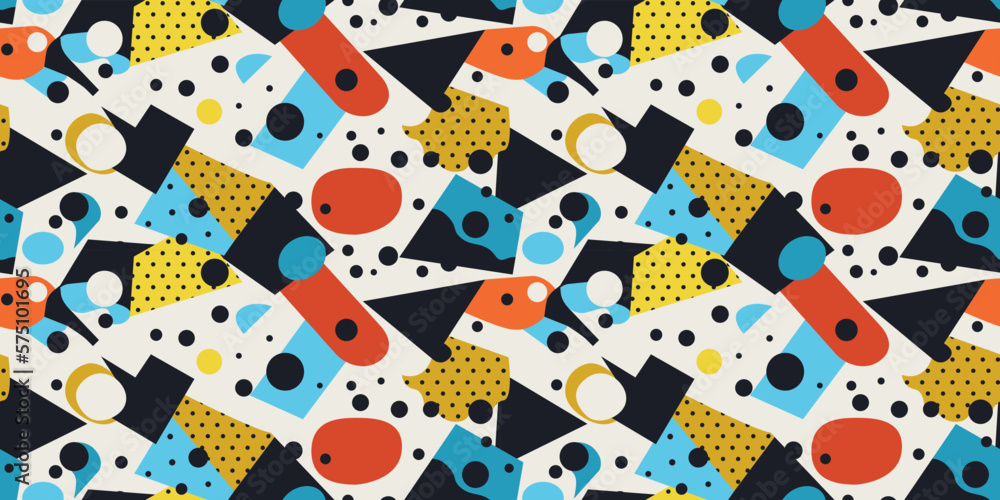 Casual 90s style. Cartoon and flat style geometric shapes. Seamless pattern for print and interior design.
