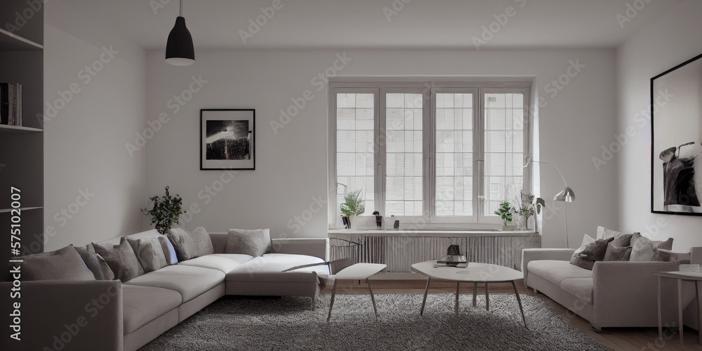 Fototapeta premium Stylish scandinavian living room with design mint sofa, furnitures, mock up poster map, plants and elegant personal accessories. Modern home decor. Bright and sunny room. Generative AI illustration.