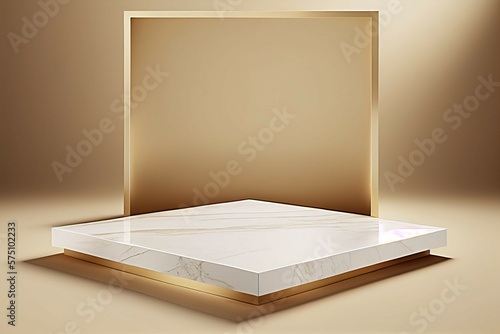 beautiful natural beige marble platform podium for product diplay isolated on grey background new quality creative advertisement stock image illustration design, Generative AI