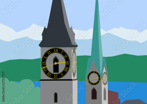 Churches St. Peter and Women's Minster at the old town of Swiss City of Zürich with Lake Zürich and Lake Zürich in the background. Illustration made February 24th, 2023, Zurich, Switzerland.