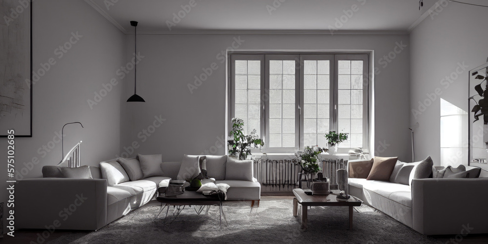 Fototapeta premium Stylish scandinavian living room with design mint sofa, furnitures, mock up poster map, plants and elegant personal accessories. Modern home decor. Bright and sunny room. Generative AI illustration.