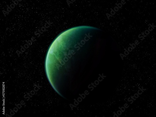 Distant exoplanet in outer space. Extrasolar planet, rocky alien planet. © Nazarii
