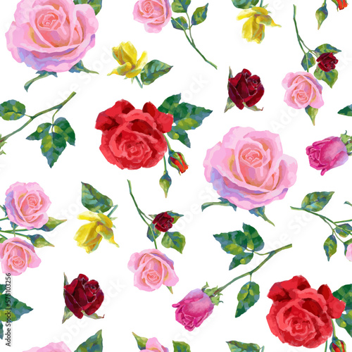 Vector seamless pattern with oil or acrylic painting roses. © elinka_art