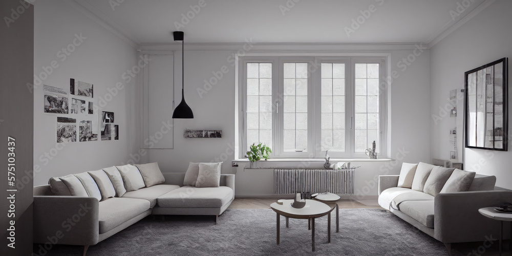 Fototapeta premium Stylish scandinavian living room with design mint sofa, furnitures, mock up poster map, plants and elegant personal accessories. Modern home decor. Bright and sunny room. Generative AI illustration.
