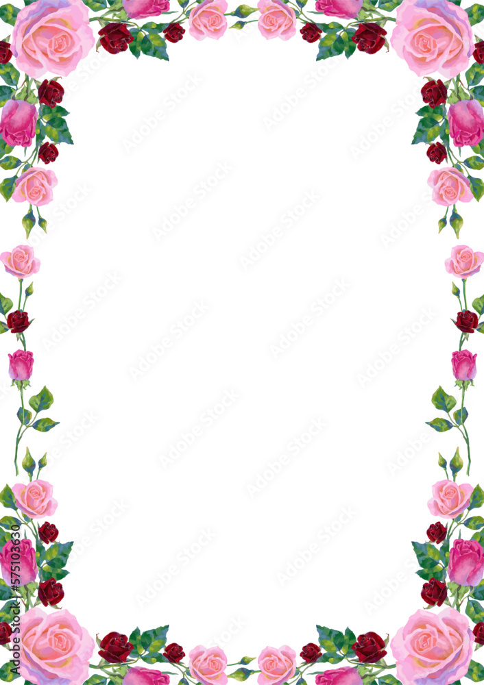 Vector background with pink and red rose flowers and green leaves.