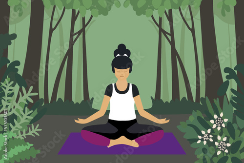 Experience the forest with all senses during forest bathing (Shinrin Yoku). A dark haired woman sits relaxed in the lotus position. She enjoys the atmosphere of the forest while doing yoga. Vector in 