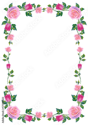 Vector background with pink roses flowers and green leaves.