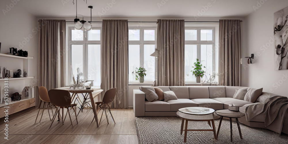 Obraz premium Stylish scandinavian living room with design mint sofa, furnitures, mock up poster map, plants and elegant personal accessories. Modern home decor. Bright and sunny room. Generative AI illustration.