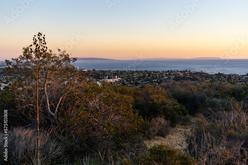 Sunset views from the Santa Monica Mountains while hiking  looking down on the city of Los Angeles and the Santa Monica Bay.