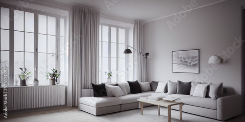 Stylish scandinavian living room with design mint sofa, furnitures, mock up poster map, plants and elegant personal accessories. Modern home decor. Bright and sunny room. Generative AI illustration. © Interior Stock Photo