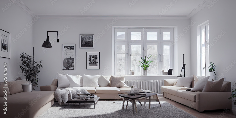 Stylish scandinavian living room with design mint sofa, furnitures, mock up poster map, plants and elegant personal accessories. Modern home decor. Bright and sunny room. Generative AI illustration. Stylish scandinavian living room with design mint sofa, furnitures, mock up poster map, plants and elegant personal accessories. Modern home decor. Bright and sunny room. Generative AI illustration.