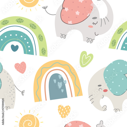 Canvas Print Seamless pattern with cartoon elephants and a rainbow