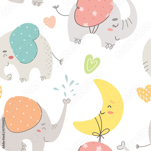 Seamless pattern with cartoon elephants. Vector illustration.