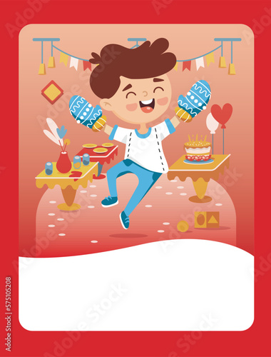 Vector illustration of a boy rejoices in received gifts for the holiday. It can be used as a playing card, learning material for kids.
