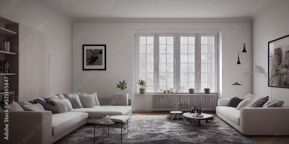 Fototapeta premium Stylish scandinavian living room with design mint sofa, furnitures, mock up poster map, plants and elegant personal accessories. Modern home decor. Bright and sunny room. Generative AI illustration.