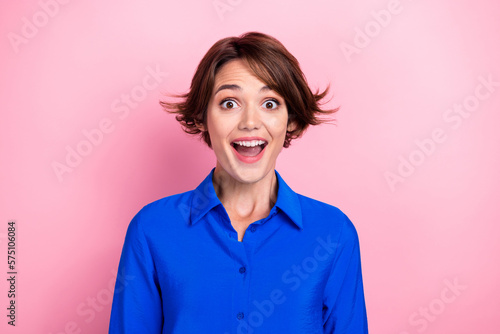 Photo of positive astonished person toothy smile open mouth cant believe isolated on pink color background © deagreez