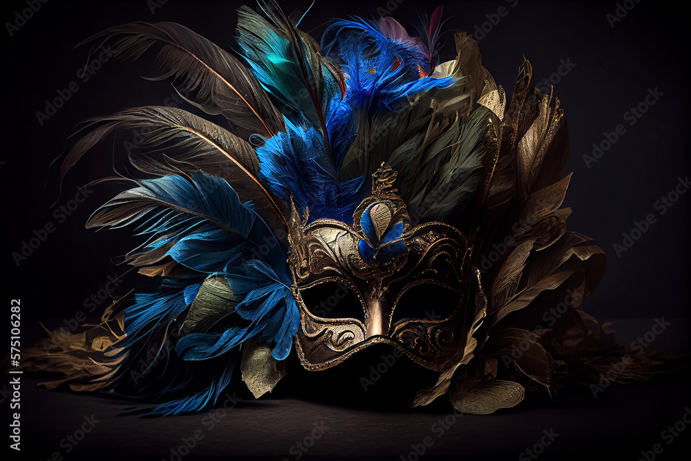 Venetian carnival mask with feathers, and typical elements on the dark background, Generative AI