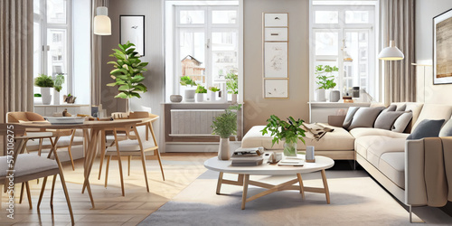 Stylish scandinavian living room with design mint sofa, furnitures, mock up poster map, plants and elegant personal accessories. Modern home decor. Bright and sunny room. Generative AI illustration.