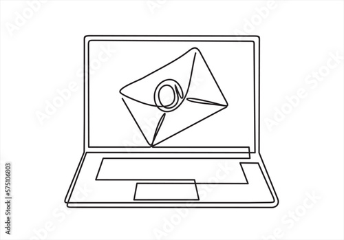 Laptop and envelope e mail list building illustration continuous one line art illustration. Can used for logo, emblem, slide show and banner.
