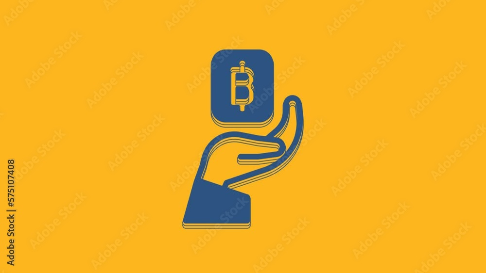 Blue Hand holding Bitcoin icon isolated on orange background. Blockchain technology, digital money market, cryptocoin wallet. 4K Video motion graphic animation