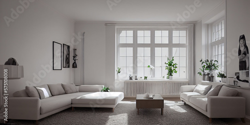 Stylish scandinavian living room with design mint sofa  furnitures  mock up poster map  plants and elegant personal accessories. Modern home decor. Bright and sunny room. Generative AI illustration.