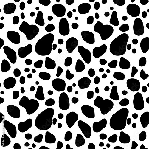Seamless black and white dalmatin cow fur and skin pattern.