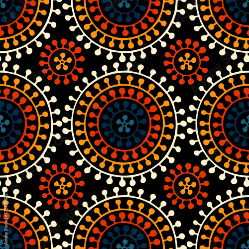 Seamless african shweshwe pattern. Blue, white, black and orange print for textiles. Cute doodle ornament. Vector illustration.