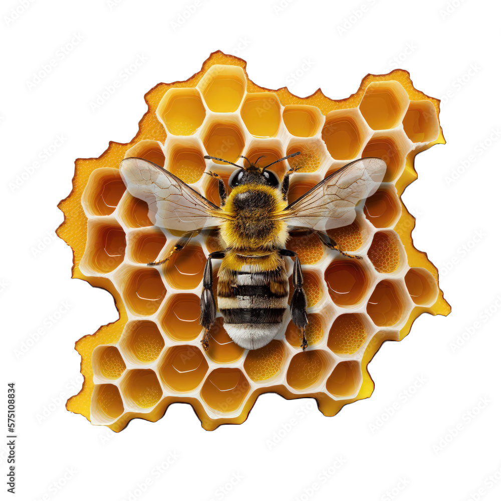 Honey bee in honeycomb on transparent background. bee walking on honey comb,  background cutout, generative ai 24724515 PNG