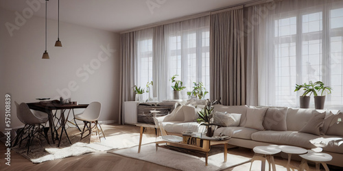 Stylish scandinavian living room with design mint sofa, furnitures, mock up poster map, plants and elegant personal accessories. Modern home decor. Bright and sunny room. Generative AI illustration.